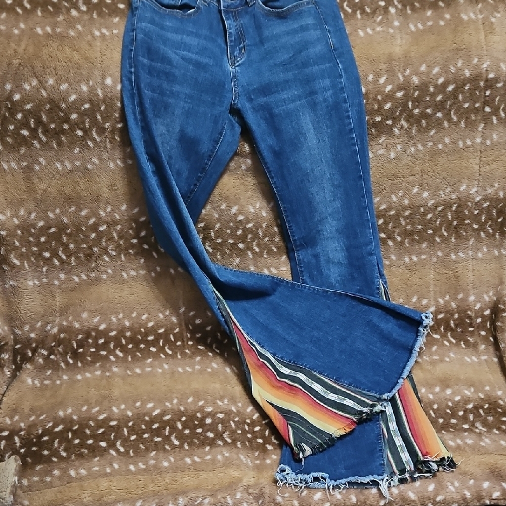 L&B Blue Flare Jeans with Multicolor Hem